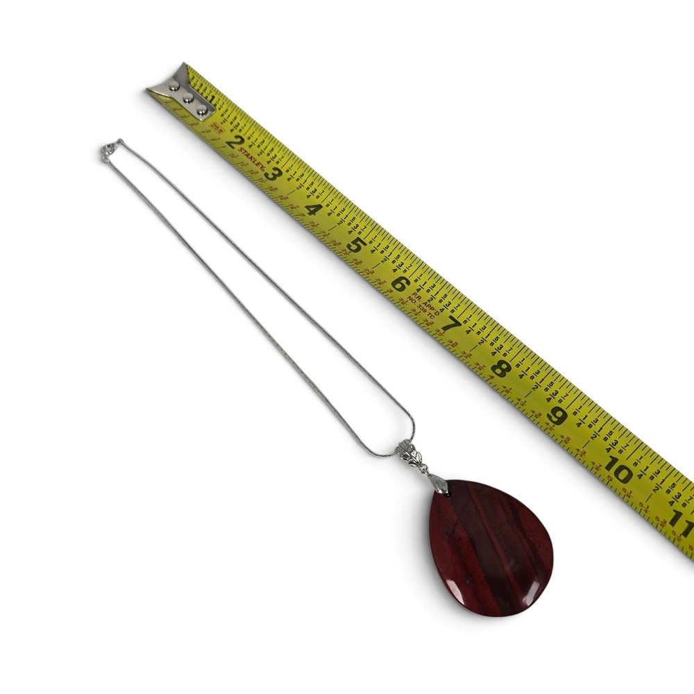 Large Red Banded Teardrop Pendant Necklace Silver Tone 20" Boho Statement - Picture 12 of 12